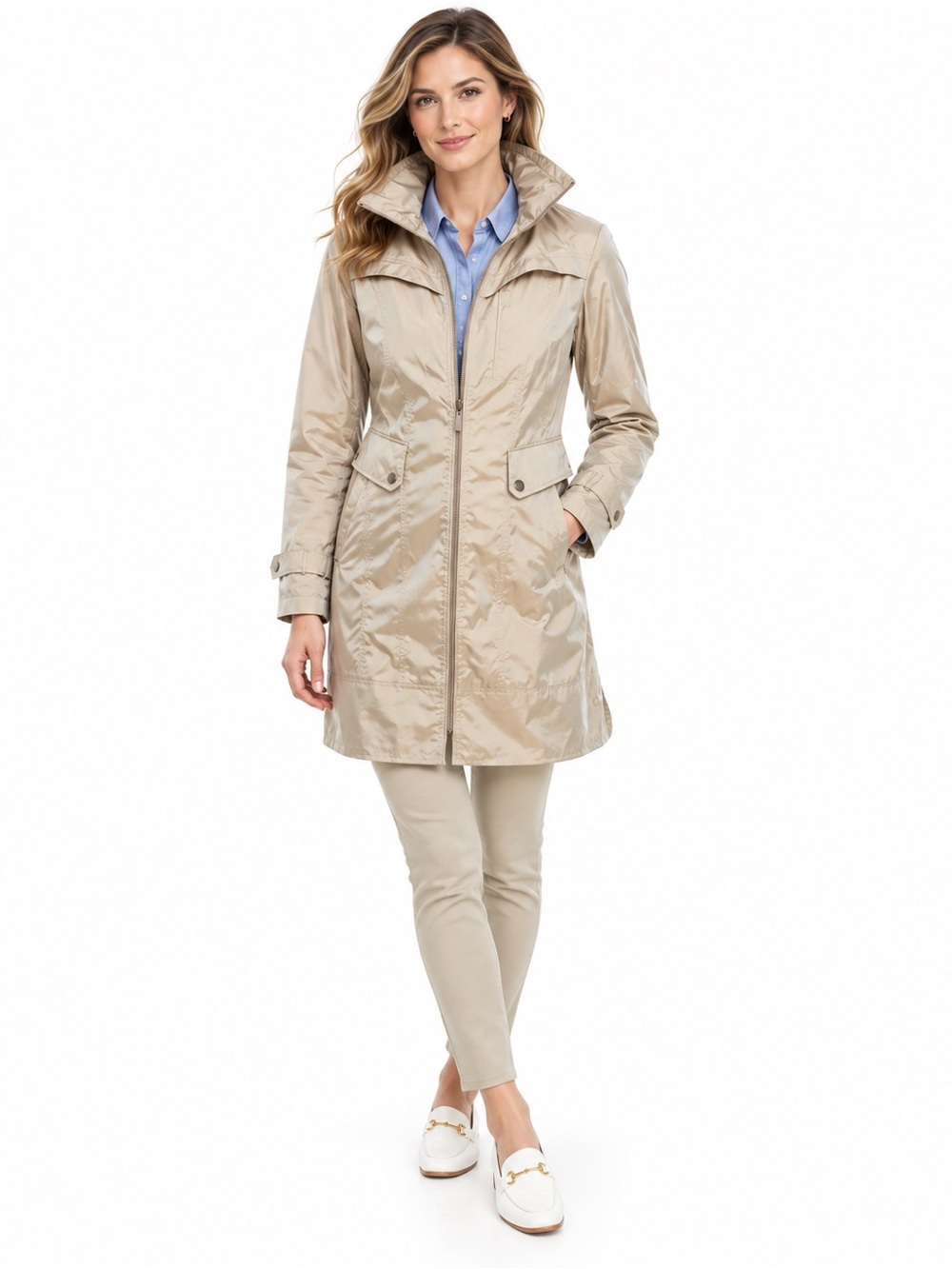 Cole Haan Iridescent Packable Lightweight Rain Jacket Trench Coat M Champagne
